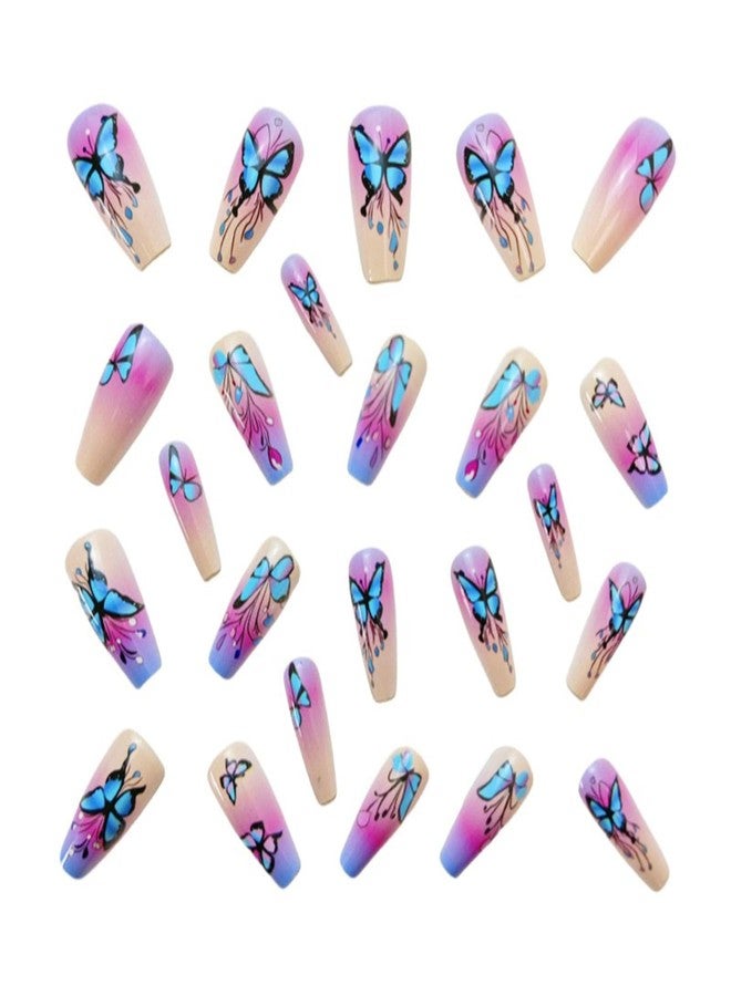 HJKDSFD Blue Purple Gradient Press on Nails Medium Ballerina Fake Nails Acrylic Full Cover False Nails Cute Butterfly Glue on Nails Spring Summer Stick on Nails Reusable for Women Girls 24Pcs - Image 5